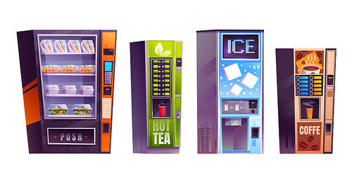 Cartoon set of vending machines isolated on white background. Vector illustration of retail trade equipment selling fresh snacks, salads, sandwiches, tea, coffee, ice water at shopping mall or school