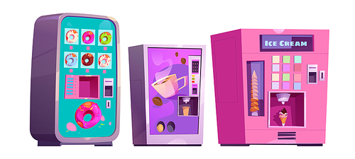 Vending machine sell donut, coffee and ice cream cartoon illustration. Isolated equipment with automatic icecream dispenser on white background. Chocolate doughnut bakery snack selling in school