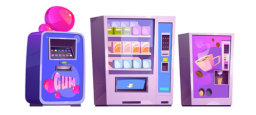 Vending machines with chewing gum, snacks and coffee. Equipment for automatic food and beverage serving. Convenient retail automated dispensers filled with packages of products. Cartoon vector.