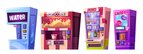 Vending machine icon with snack, candy and popcorn illustration. Food and drink isolated dispenser with unhealthy product. Vendingmachine robot device sell sweet juice and cola graphic design set.