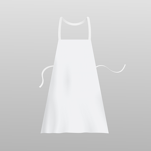 Template of white blank kitchen textile apron, realistic vector illustration isolated on neutral grey background. Restaurant kitchen staff or cook apron mockup.