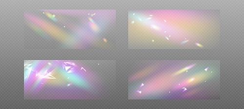 Prism rainbow light with flare effect background. Crystal glass overlay texture with diamond iridescent gradient. 3d aurora refraction png vector filter. Holographic disco camera transparent pattern