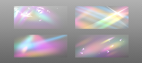 Crystal light rainbow hologram background with transparent overlay effect. Realistic vector illustration set of prism iridescent gradient textures. diamond or glass sun spectrum refraction with sparks