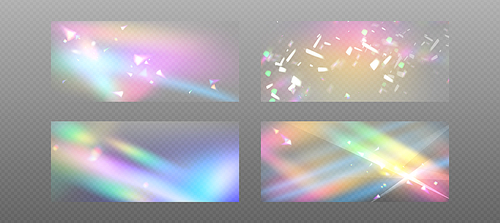 Prism rainbow light with flare effect background. Crystal glass overlay texture with diamond iridescent gradient. 3d aurora refraction png vector filter. Holographic disco camera transparent pattern
