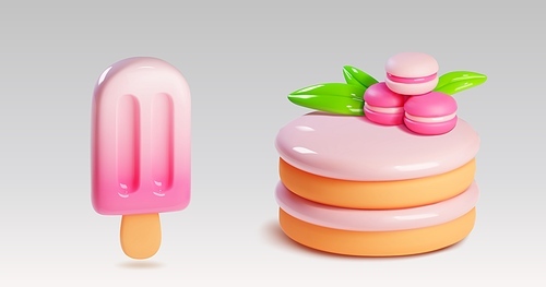 Desserts 3d - layered cake decorated with macaroon biscuits and mint leaves, and ice cream on stick. Realistic vector illustration set of pink pastel sweet food. Confectionery baked and frozen juice.