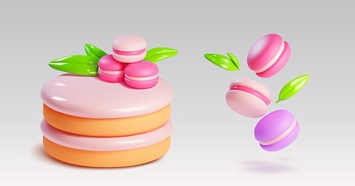 3d cake and macaron dessert icon for birthday party vector food illustration. Set of isolated pink valentine event celebration with confectionery and bakery. Tasty pastry snack with melted cream