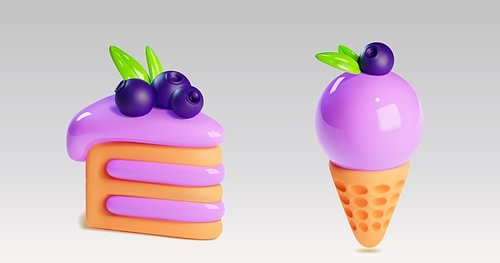 3d cake dessert and sweet cupcake food vector icon illustration. Realistic ice cream with blueberry and purple pastry piece with icing for cafe menu. Simple and tasty bakery confectionery graphic