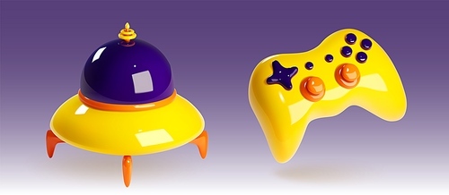 3D alien ufo and gaming joystick isolated on background. Vector realistic illustration of yellow glossy spacecraft with radar, gamer console with plastic buttons for cosmic vr game user interface