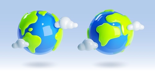 3d render earth planet object world vector icon. Green recycle environment sphere for school. Realistic minimal plastic globe symbol with cloud clipart set. Science or travel graphic illustration