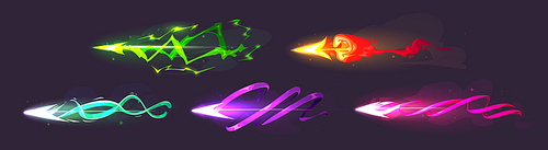 Set of laser gun shots isolated on black background. Vector cartoon illustration of neon color arrows glowing with green lightning, purple spiral, pink love spell, orange fire effects, blaster attack