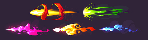 Missile arrow game vfx effect light fire trail. Star blast shine with sparkle. Green and red fantasy rocket burst motion png set. Asteroid galaxy direction with neon flash tail and toxic steam