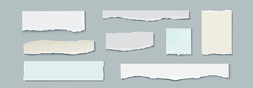 Strips of torn paper - realistic vector illustration set of square and rectangular stickers with texture of ripped edges. Pieces of notebook pages or cardboard sheets for text frame or border.