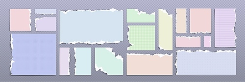 Strips and pieces of torn colored paper - clean, squared, lined and dotted scrap with broken and ripped edges. Realistic vector illustration set of cut square and rectangular notepad page fragments.