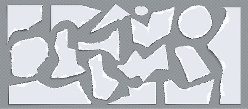 Pieces and fragments of torn paper. Realistic vector illustration set of broken and cut small sheets of notepad or cardboard for collage or scrapbook. Notebook pages and scraps with ragged borders.