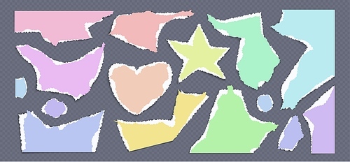 Realistic set of color paper pieces for collage isolated on transparent background. Vector illustration of star, heart, abstract shape sheets with torn edges, craft art, scrapbook design elements