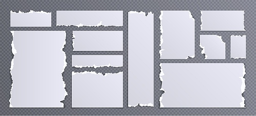 Rip paper sheet edge vector texture. Torn scrap note frame. Strip border label design. Grunge newspaper or notebook realistic isolated blank piece set. Abstract ripped message element collage