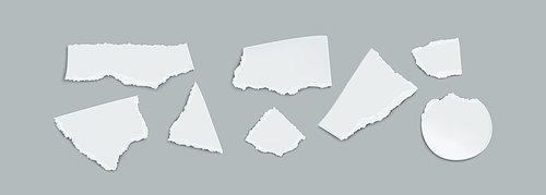 Realistic set of white paper pieces isolated on grey background. Vector illustration of abstract shape sheets with torn uneven edges, destroyed blank photo template, waste material for recycling