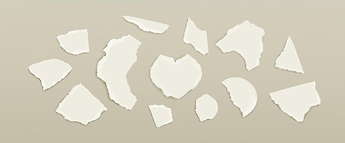 Newspaper scrap for collage with torn and ripped edges. Realistic vector illustration set of cut and broken paper pieces of different shapes. Blank teared cardboard or notebook sheet fragment.