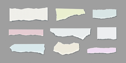 Set of torn notebook paper pieces isolated on transparent background. Vector realistic illustration of blank ripped diary sheet with uneven edges, memo strips with grid, stripe, dot design, garbage