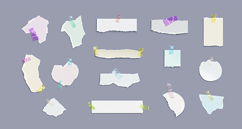 Pieces of paper with torn edges attached with adhesive tape. Realistic vector illustration set of cut collage cardboard of different shapes with teared borders. Sticky blank ragged and ripped sheets.