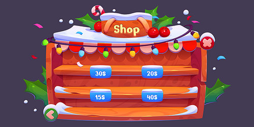 Game shop Christmas interface - cartoon vector ui snowy wooden rack with shelves and prices. Empty store panel. Fantasy showcase with snow and holly plant. Xmas gui design of retail displays.