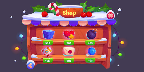 Winter gui game interface for mobile app shop. Ui wood frame with snow, garland, holly and berry fantasy window illustration. Cute 2d Christmas props tent store wooden banner for user menu design.