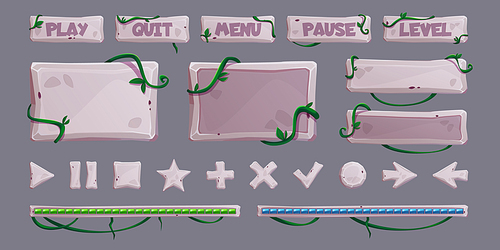 Stone gui elements with jungle vines and leaves - cartoon game user interface design buttons, score level bar, menu sign plates and empty frames and boards for text with rock texture and lianas.