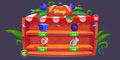 Game shop interface - cartoon vector ui wooden rack with shelves and prices. Gui store design with props and assets on fantasy showcase. Box, bomb, rocket and bottle with energy on retail displays.