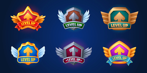 Level up award ui game badge icon vector medal set. Gold trophy reward design for casino achievement with ribbon and arrow. Arcade app gui interface label with shield popup cartoon illustration