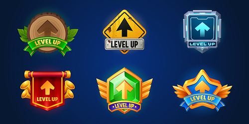 Level up ui badge icon vector reward button design. Award medal for casino bonus. Futuristic hud, grunge and royal achievement interface sign with arrow for app. Golden victory label illustration