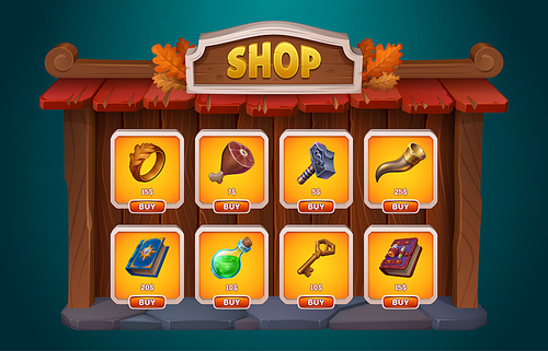 Fantasy game shop ui interface with buy button cartoon design. Fall wood store menu frame for mobile app screen for user. 2d autumn board with leaves with poison, ring, meat and key web concept.