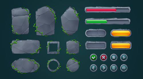 Stone game menu elements - cartoon rock gui boards and buttons with liana vines. Cartoon vector user interface frames, round and rectangular banners and level bars with stony texture and jungle plants