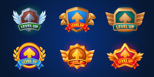 Level up game reward banner with ribbon and sign. Cartoon vector illustration set of various award and congratulation gui badges for win and move on next stage concept. Gamer winner prize and trophy.