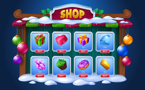 Winter and Christmas shop game interface - cartoon wooden window with items on card and price button. User interface template of menu frame with snow, holly and ball decorations for selling props.