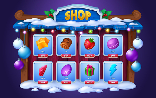 Christmas game shop for user interface design. Vector cartoon illustration of wooden frame with snow and garlands, sweets, chocolate dessert, strawberry, gift box, lightning bolt icons on shelves