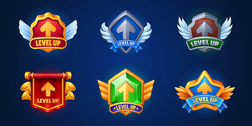 Set of level up badges isolated on background. Vector cartoon illustration of game progress award, red banner with trumpets, wooden, iron, golden gemstone shield with wings and ribbon decoration