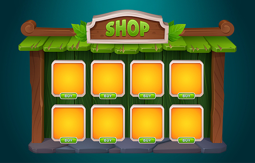 Shop game interface design - cartoon vector illustration wooden frame with card for item and button with price. User interface template for rpg store. Wood menu window for selling props and artifacts.