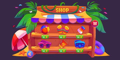 Summer beach ui game store interface with button. Gui banner with wooden frame template and glasses, ball, ice cream market icon. Tropical menu with palm leaves and nature environment graphic