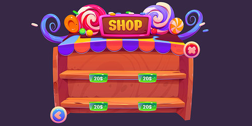 Sweets factory game shop for user interface design. Vector cartoon illustration of wooden frame with empty shelves and price tags, colorful caramel, chocolate nameplate decoration on top, online store