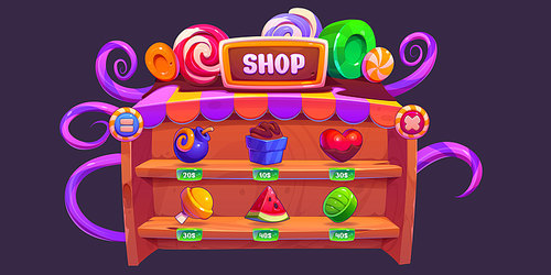 Shop game interface with assets and price buttons. Cartoon wooden rack with shelves and sweet desserts decorations, items to buy - bomb and cupcake, lollipop and watermelon. Ui frame for store design.