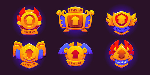 Game ui level up badge icon and bonus reward vector design. Rank medal to win on achievement. Gold gui casino prize popup emblem sign. Mobile app experience label for victory with arrow and wings