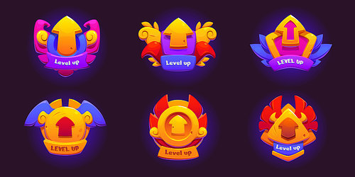 Collection of level up badges isolated on background. Vector cartoon illustration of game progress award, golden medals with arrows, wings, red and purple decoration, winner trophy, ui design elements