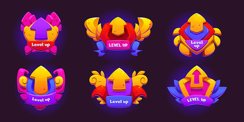 Level up game ui badges with arrow, ribbon and sign. Cartoon vector set of gui interface label or achievement for complete tier and moving to next step. Videogame user interface reward design.