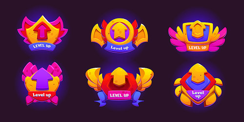 Pink and gold game level up badge icon ui award vector design. Rank bonus button for casino achievement and experience label cartoon set. Interface popup gui rating sign element with wings frame