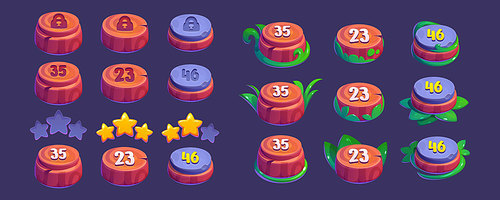 Indicators to select game level with star rating. Gui wooden and stone pointers with grass - locked, in progress and complete. Cartoon vector set of selection platform button for videogame map.