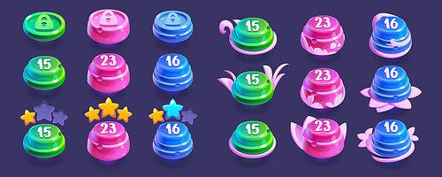 Candy game ui level indicator to select star icon cartoon design. Complete button option and lock jelly glossy button collection. Press different sweets number clipart kit for mobile videogame