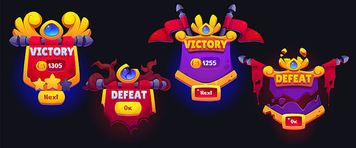 Game winner ui icon for victory and defeat button. Gold win and lose level frame design for interface. Gui medal element with flag concept. Lucky 2d isolated sign illustration with star player score