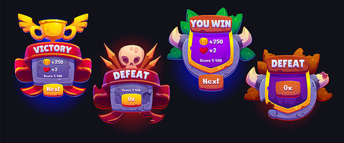 Win ui game icon, victory cartoon button design. Gold banner badge with awadt and fail concept with skull. Mobile popup label for complete and defeat level. 2d horn screen frame isolated set for app