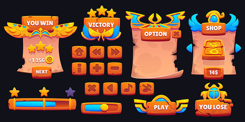 Egyptian game user interface elements and buttons. Cartoon vector illustration set of ui menu and bar badges with ancient Egypt traditional decorative golden items with scarab, eye and dog symbols.