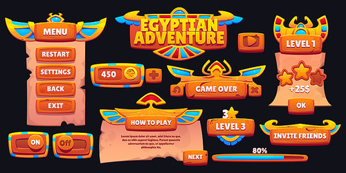 Egyptian adventure game ui design templates set isolated on black background. Vector cartoon illustration of menu panel with golden buttons on antique parchment texture, score signs, progress bar